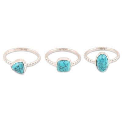 Alternate image for Set of 3 Sterling Silver Recon Turquoise Solitaire Rings Triple Charm