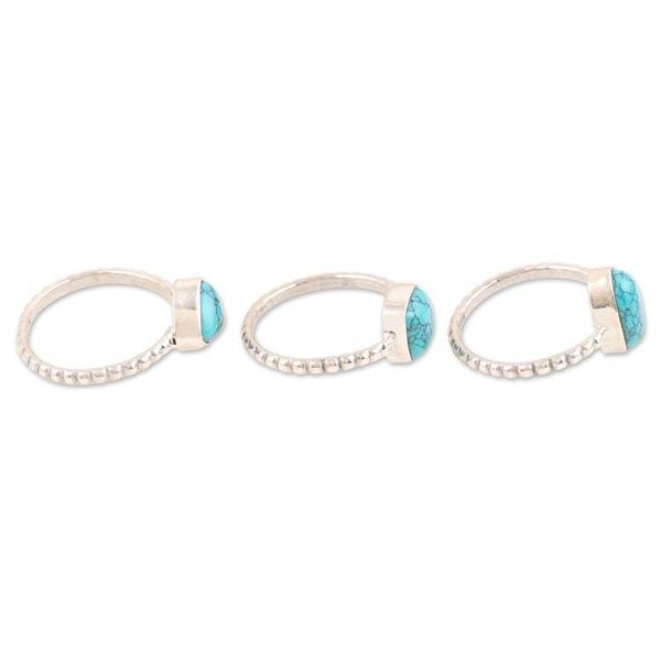 Alternate image for Set of 3 Sterling Silver Recon Turquoise Solitaire Rings Triple Charm