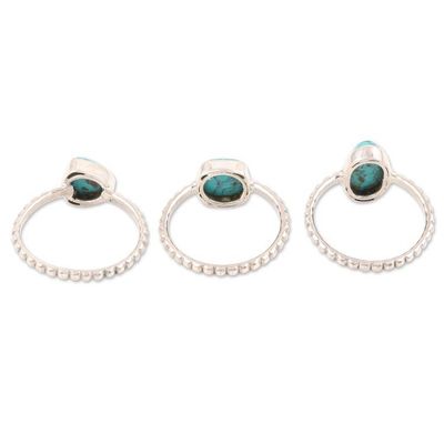 Alternate image for Set of 3 Sterling Silver Recon Turquoise Solitaire Rings Triple Charm