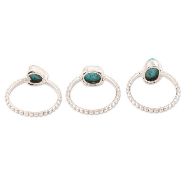 Alternate image for Set of 3 Sterling Silver Recon Turquoise Solitaire Rings Triple Charm