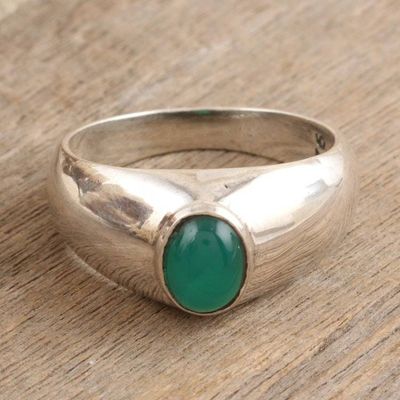 Alternate image for Sterling Silver Single-Stone Ring with Green Onyx Cabochon Forest Accent