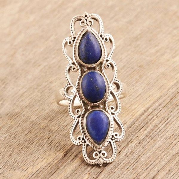 Alternate image for Handmade Lapis Lazuli and Sterling Silver Cocktail Ring Triple Threat