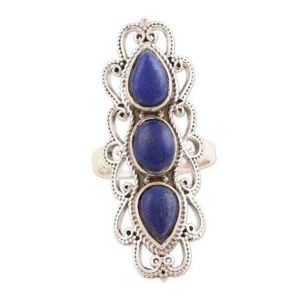 Alternate image for Handmade Lapis Lazuli and Sterling Silver Cocktail Ring Triple Threat
