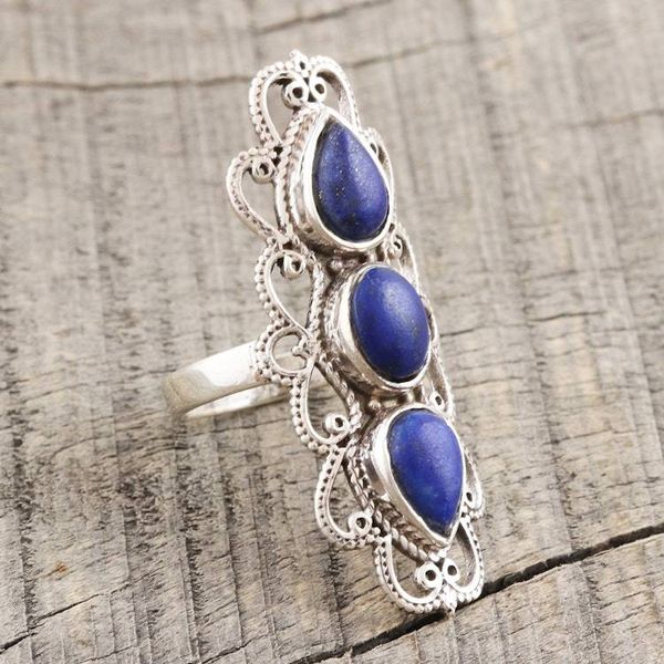 Alternate image for Handmade Lapis Lazuli and Sterling Silver Cocktail Ring Triple Threat