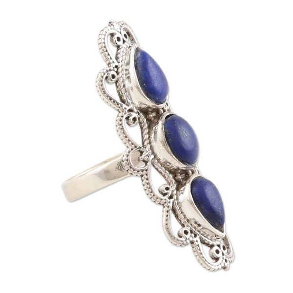 Alternate image for Handmade Lapis Lazuli and Sterling Silver Cocktail Ring Triple Threat