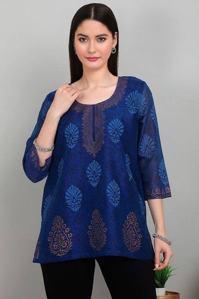 Alternate image for Leafy Block-Print Blue Chanderi Cotton and Silk Blend Tunic Leafy Royal