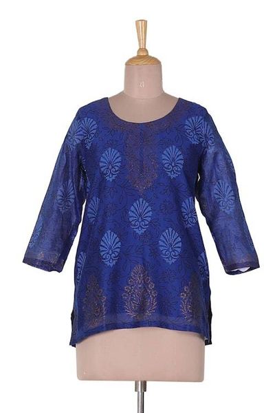 Alternate image for Leafy Block-Print Blue Chanderi Cotton and Silk Blend Tunic Leafy Royal