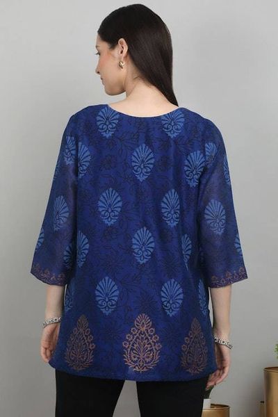 Alternate image for Leafy Block-Print Blue Chanderi Cotton and Silk Blend Tunic Leafy Royal