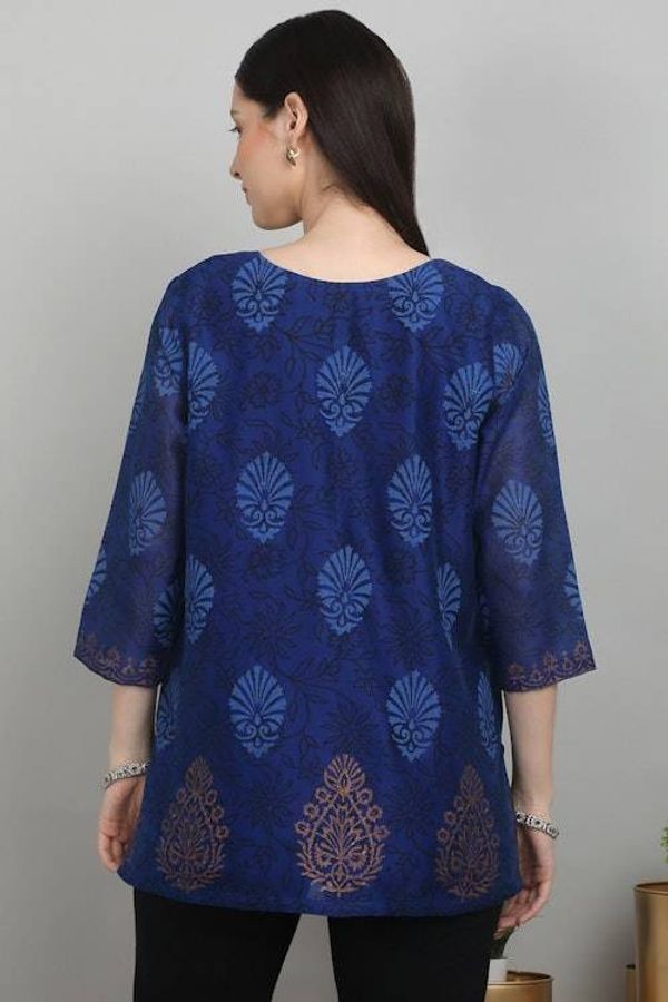 Alternate image for Leafy Block-Print Blue Chanderi Cotton and Silk Blend Tunic Leafy Royal