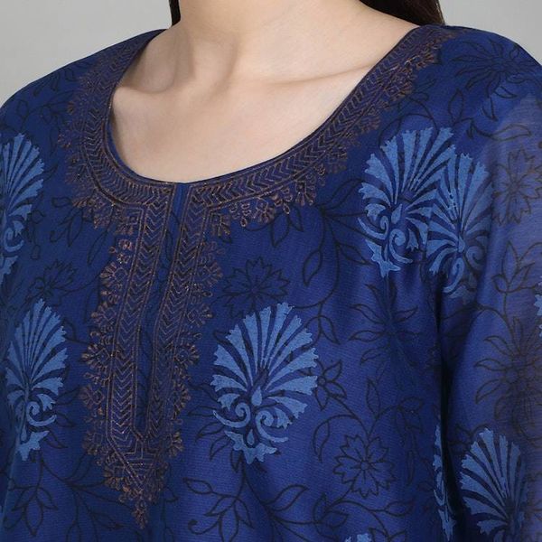 Alternate image for Leafy Block-Print Blue Chanderi Cotton and Silk Blend Tunic Leafy Royal