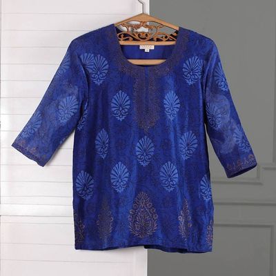 Alternate image for Leafy Block-Print Blue Chanderi Cotton and Silk Blend Tunic Leafy Royal