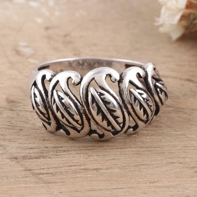 Alternate image for Polished Leafy Sterling Silver Domed Ring Crafted in India Paisley Foliage