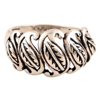 Alternate image for Polished Leafy Sterling Silver Domed Ring Crafted in India Paisley Foliage