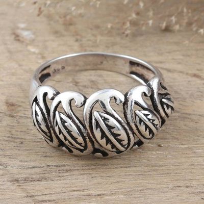 Alternate image for Polished Leafy Sterling Silver Domed Ring Crafted in India Paisley Foliage