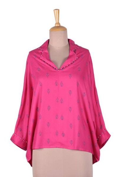 Alternate image for Traditional Patterned Cerise Rayon Blouse Crafted in India Cerise