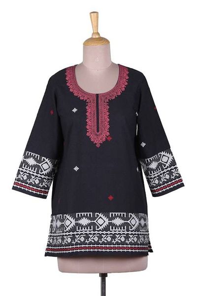 Primary image for Block-Printed Cotton Tunic with Jamdani Handwoven Motifs Jamdani Splendor