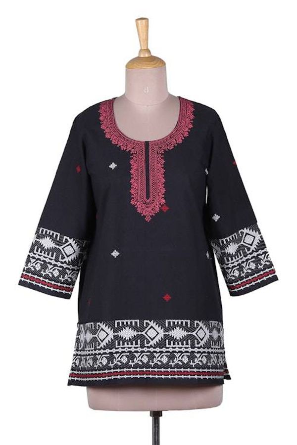 Alternate image for Block-Printed Cotton Tunic with Jamdani Handwoven Motifs Jamdani Splendor