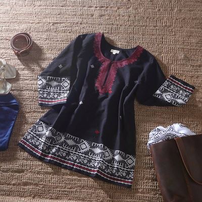 Alternate image for Block-Printed Cotton Tunic with Jamdani Handwoven Motifs Jamdani Splendor