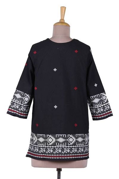 Alternate image for Block-Printed Cotton Tunic with Jamdani Handwoven Motifs Jamdani Splendor