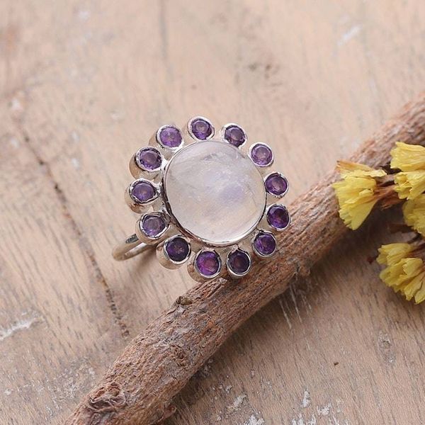 Alternate image for Floral Rainbow Moonstone and Amethyst Cocktail Ring Harmonious Blossom