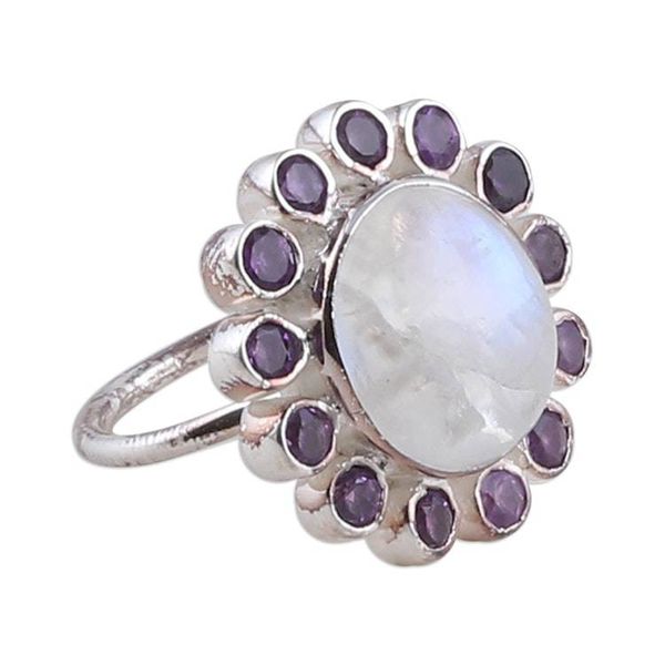 Alternate image for Floral Rainbow Moonstone and Amethyst Cocktail Ring Harmonious Blossom