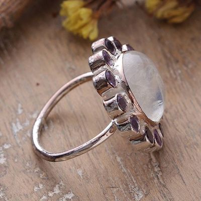 Alternate image for Floral Rainbow Moonstone and Amethyst Cocktail Ring Harmonious Blossom
