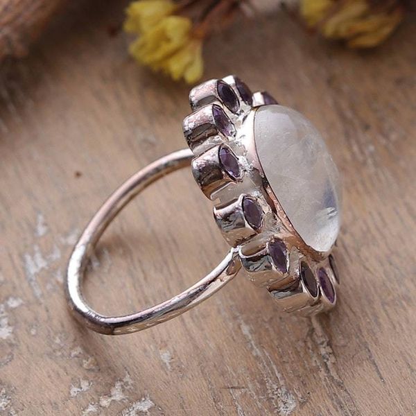 Alternate image for Floral Rainbow Moonstone and Amethyst Cocktail Ring Harmonious Blossom