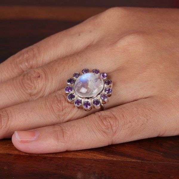 Alternate image for Floral Rainbow Moonstone and Amethyst Cocktail Ring Harmonious Blossom