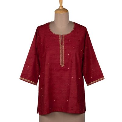 Alternate image for Red Three-Quarter Sleeved Tunic with Zari Embroidery Glitzy Cherry