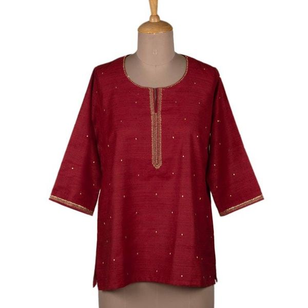 Alternate image for Red Three-Quarter Sleeved Tunic with Zari Embroidery Glitzy Cherry
