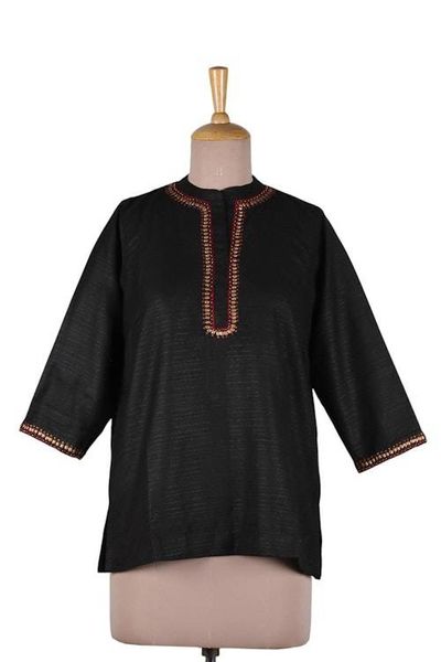 Alternate image for Hand-Embroidered Black Tunic with Golden-Hued Beaded Accents Mystic Allure