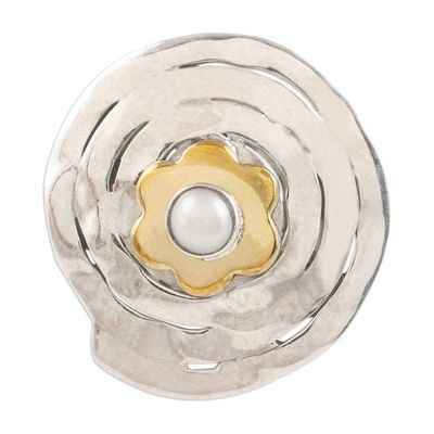 Alternate image for Spiral Pattern Floral Cultured Pearl Cocktail Ring Spiral Flower