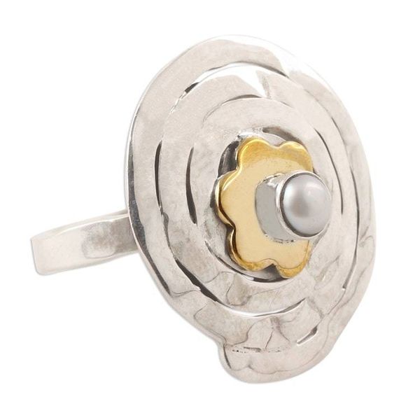 Alternate image for Spiral Pattern Floral Cultured Pearl Cocktail Ring Spiral Flower