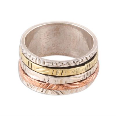 Alternate image for Patterned Sterling Silver Spinner Ring with Brass and Copper Moving Patterns