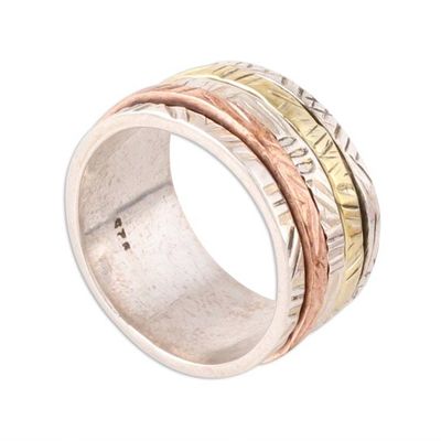 Alternate image for Patterned Sterling Silver Spinner Ring with Brass and Copper Moving Patterns