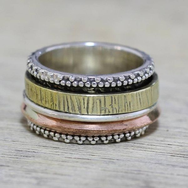Alternate image for Sterling Silver Copper and Brass Textured Spinner Ring Tri-Tone Meditation