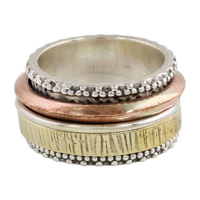 Alternate image for Sterling Silver Copper and Brass Textured Spinner Ring Tri-Tone Meditation