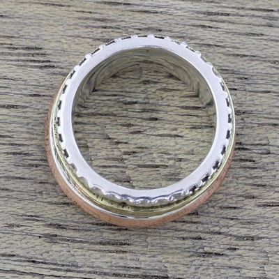 Alternate image for Sterling Silver Copper and Brass Textured Spinner Ring Tri-Tone Meditation