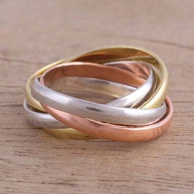 Alternate image for Sterling Silver Copper and Brass Band Ring from India Classic Quintet