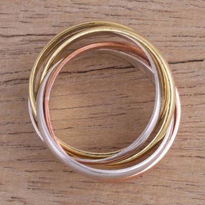 Alternate image for Sterling Silver Copper and Brass Band Ring from India Classic Quintet