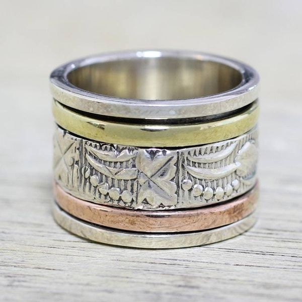 Alternate image for Sterling Silver Copper and Brass Indian Leaf Spinner Ring Entrancing Nature
