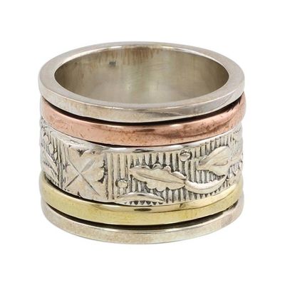 Alternate image for Sterling Silver Copper and Brass Indian Leaf Spinner Ring Entrancing Nature