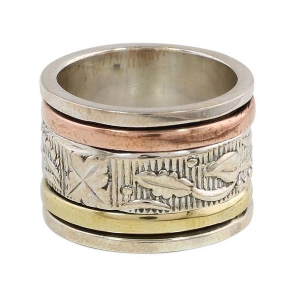 Alternate image for Sterling Silver Copper and Brass Indian Leaf Spinner Ring Entrancing Nature