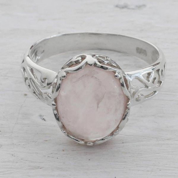 Alternate image for Rose Quartz and Sterling Silver Indian Jali Cocktail Ring Rose Ecstasy