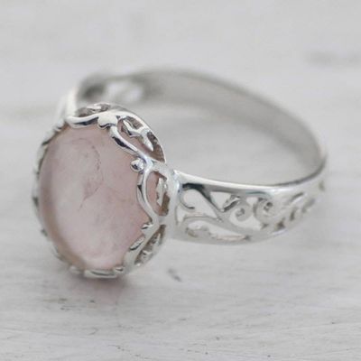 Alternate image for Rose Quartz and Sterling Silver Indian Jali Cocktail Ring Rose Ecstasy