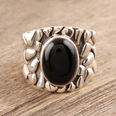 Alternate image for Mens Silver and Onyx Domed Ring Dark Clouds