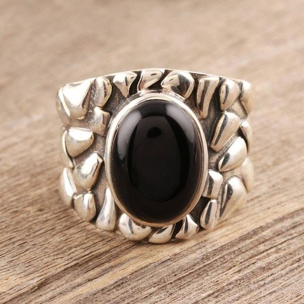 Alternate image for Mens Silver and Onyx Domed Ring Dark Clouds