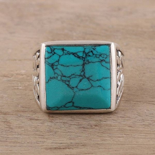 Alternate image for Mens Sterling Silver and Square Recon. Turquoise Ring Dark Leaves