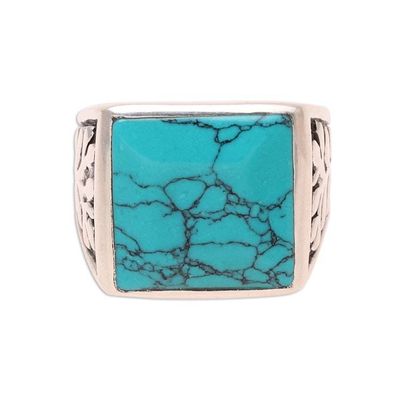 Alternate image for Mens Sterling Silver and Square Recon. Turquoise Ring Dark Leaves