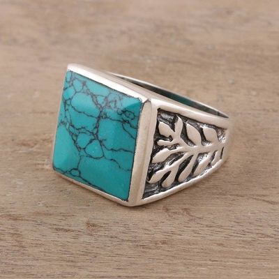 Alternate image for Mens Sterling Silver and Square Recon. Turquoise Ring Dark Leaves